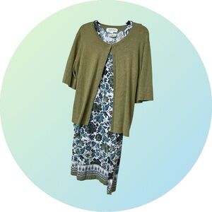 White Stag Blue and Green Floral Dress (Sz ML with added Sweater (Sz L) -Casual